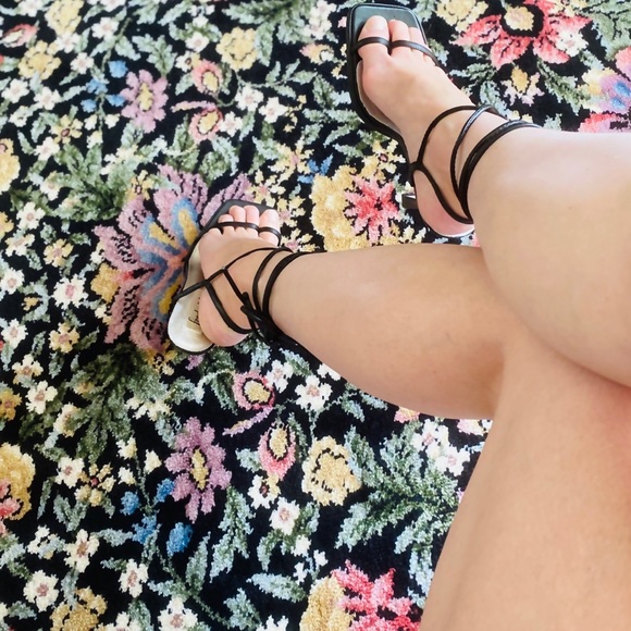 🖤 Vntg FOH Black Lace Up Square Toe Sandals 7.5 - Picture 2 of 14